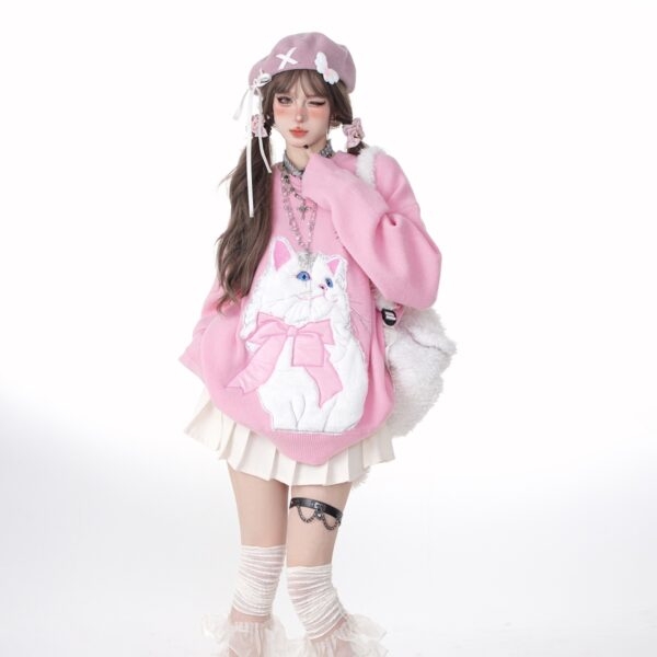 Розовый свитшот с вышивкой в стиле Sweet Girl в стиле мультяшного кота осень каваи
