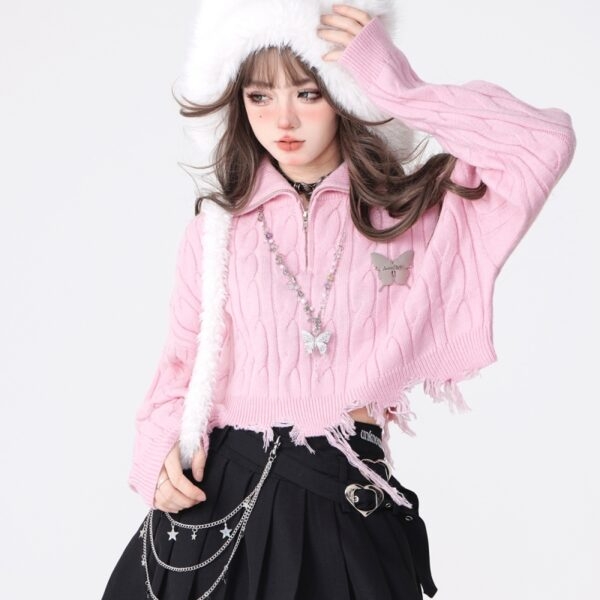 Słodki, dziewczęcy styl, różowy sweterek z kołnierzykiem polo jesienne kawaii