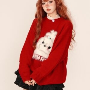 Сладкий красный свободный свитер с круглым вырезом в рождественском стиле Рождество каваи