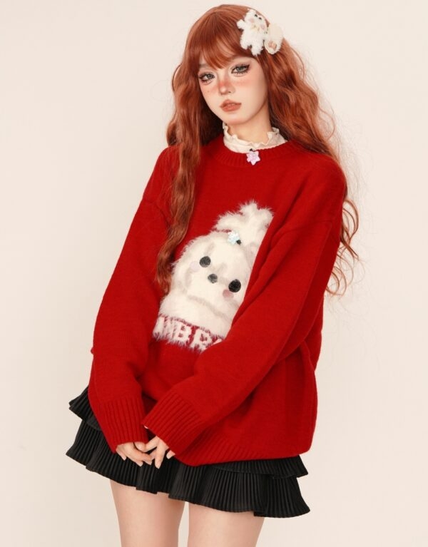 Suéter rojo dulce con cuello redondo suelto estilo navideño navidad kawaii