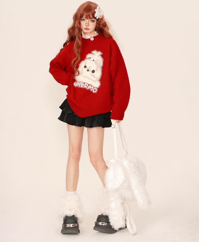 Sweet Red Christmas Style Loose Crew Neck Sweater