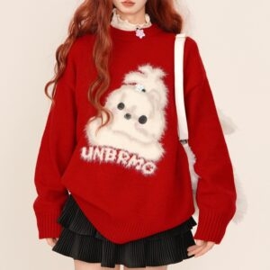 Сладкий красный свободный свитер в рождественском стиле с круглым вырезом Рождественский каваи