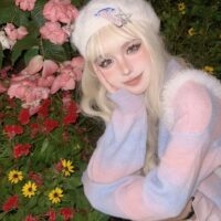 Cardigã listrado com degradê rosa e azul doce e macio estilo menina outono kawaii