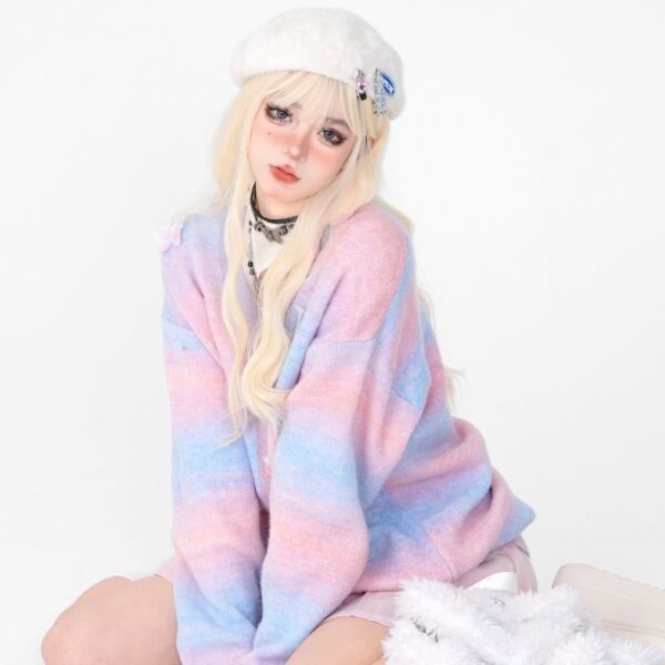 Sweet Soft Girl Style Pink And Blue Gradient Striped Cardigan autumn kawaii