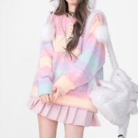 Suéter Sweet Style com gola redonda listrada arco-íris outono kawaii