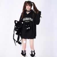 Kawaii zoete girly stijl paars 3D geborduurd kitten sweatshirt Zwarte kawaii