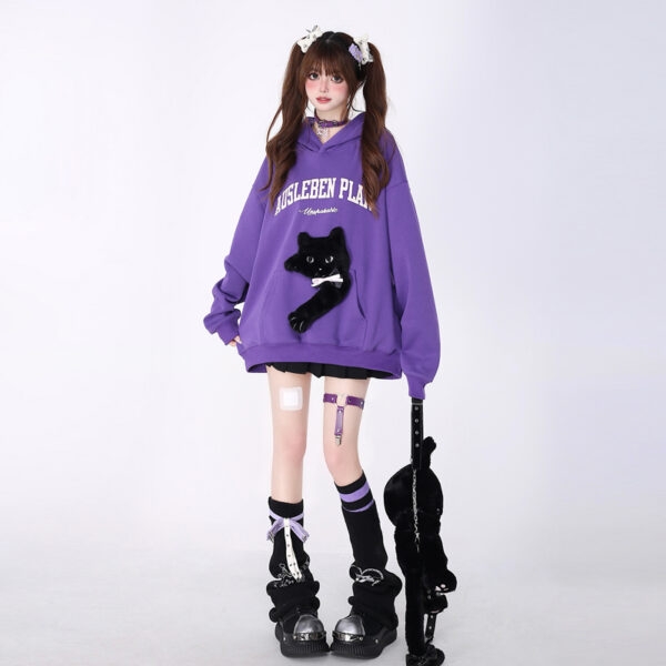 Kawaii Sweet Girly Style Violet Sweat-shirt chaton brodé 3D Kawaii noir