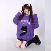 Kawaii Sweet Girly Style Purple 3D Embroidered Kitten Sweatshirt Black kawaii