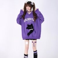 Kawaii zoete girly stijl paars 3D geborduurd kitten sweatshirt Zwarte kawaii