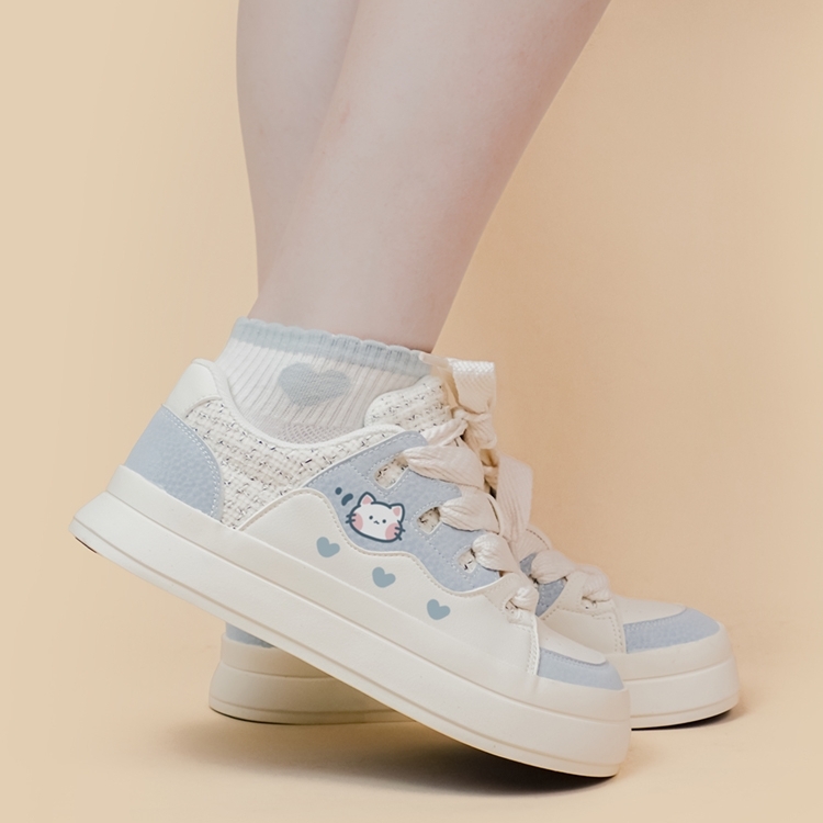 Korean Style Cute Style Blue Cartoon Kitten Print Low-top Sneakers