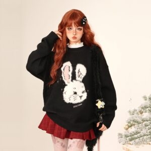 Sweet College Style Black Cartoon Bunny Embroidered Sweater Black kawaii