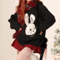 Sweet College Style Black Cartoon Bunny Embroidered Sweater Black kawaii