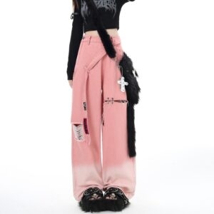 Sweet Cool Style Pink Ripped Wide Leg Jeans höst kawaii