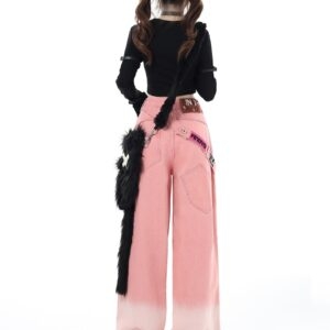 Sweet Cool Style Pink Ripped Wide Leg Jeans autumn kawaii