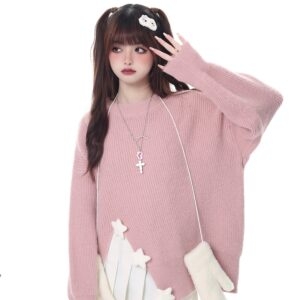 달콤한 걸리 핑크 별 장식 라운드 넥 스웨터 가을 카와이