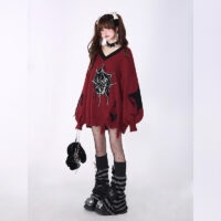 Sweet Girly Style Black And Red V-neck Sweater Asian Style kawaii