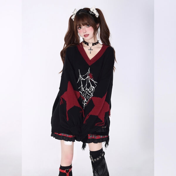 Sweet Girly Style Black And Red V-neck Sweater Asian Style kawaii