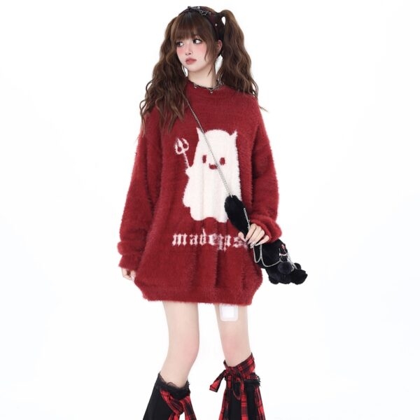 Suéter combinado com bordado de fantasma de desenho animado doce estilo feminino outono kawaii