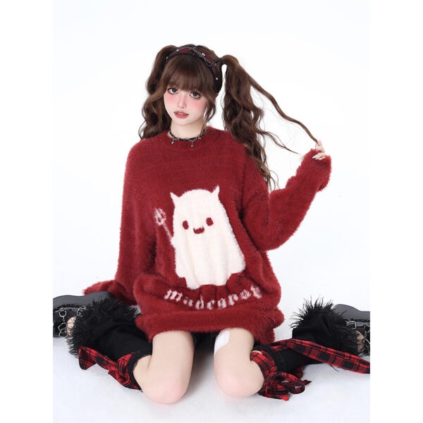 Suéter combinado com bordado de fantasma de desenho animado doce estilo feminino outono kawaii