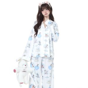 Süßes, mädchenhaftes Pyjama-Set mit süßem Kätzchen-Print, Kitty kawaii