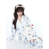 Conjunto de pijama com estampa de gatinho fofo estilo feminino gatinha kawaii