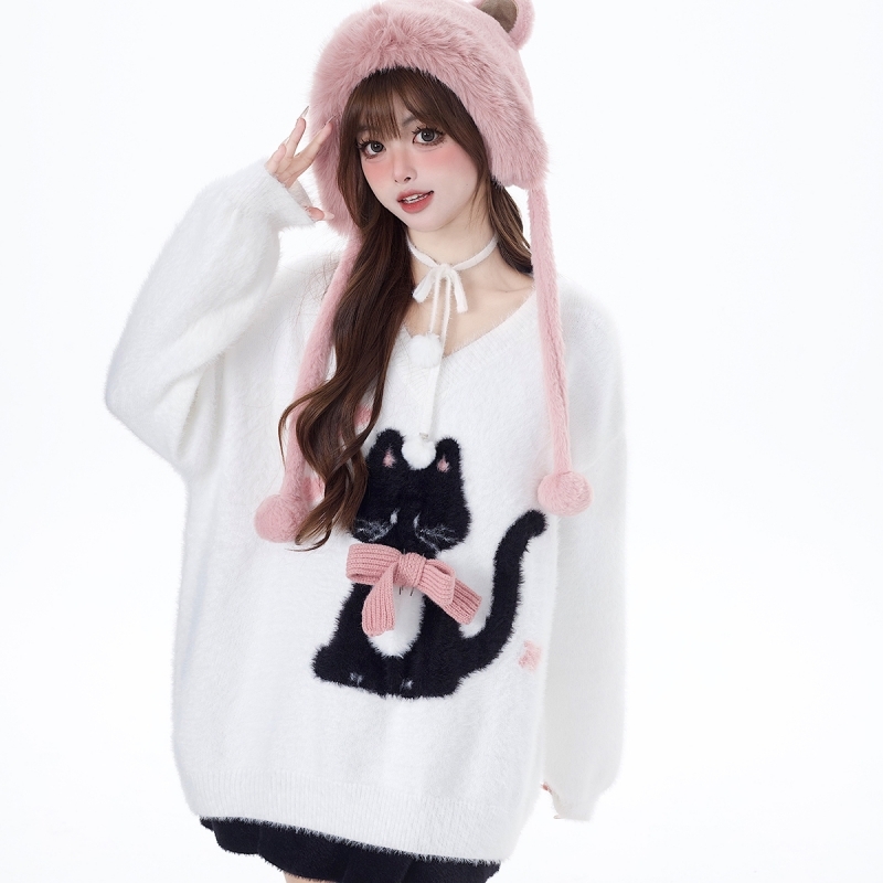 Süßer, mädchenhafter Pullover mit Lazy Kitten-Stickerei