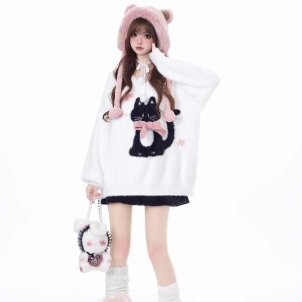 Suéter bordado gatinho preguiçoso estilo feminino doce outono kawaii
