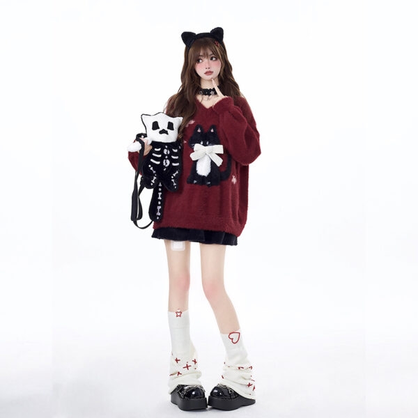 Suéter bordado de gatito perezoso de estilo femenino dulce otoño kawaii