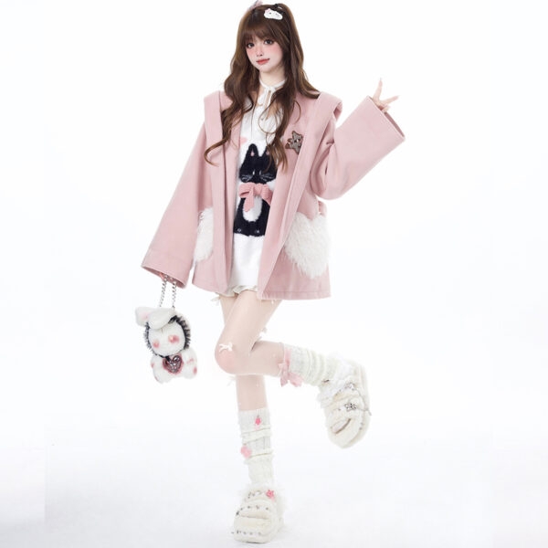 Słodki, dziewczęcy płaszcz w różowym stylu z kieszeniami w kształcie serca płaszcz kawaii