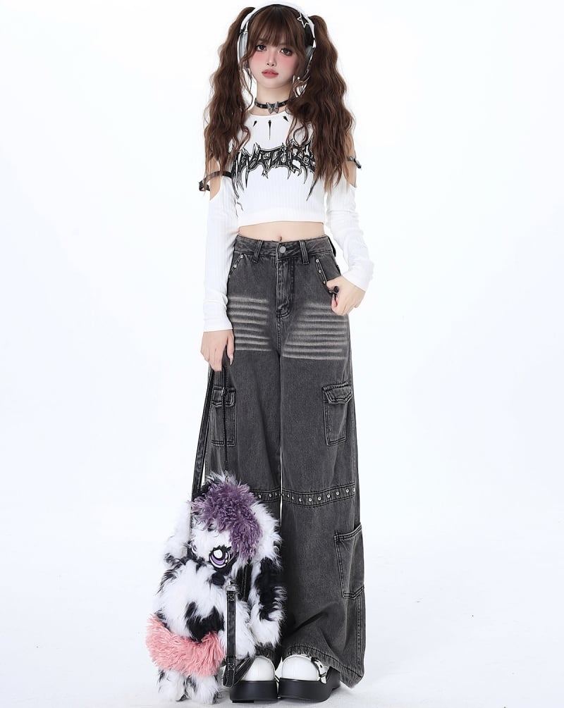 Jeans femininos doces estilo Y2K cinza com perna reta - Kawaii Fashion Shop
