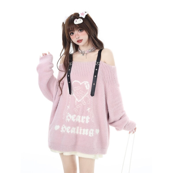 Sweet and Soft-Girl Style One-Shoulder Loving Heart Embroidered Sweater autumn kawaii