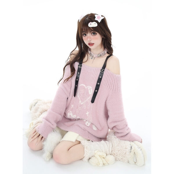 Süßer und weicher One-Shoulder-Pullover mit Liebesherz-Stickerei für Mädchen Herbst kawaii