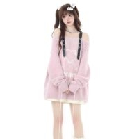 Sweet and Soft-Girl Style One-Shoulder Loving Heart Embroidered Sweater autumn kawaii