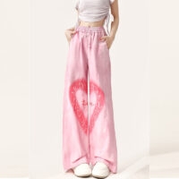 Amerikaanse Y2K-stijl roze geborduurde rechte broek met liefdeshart herfst kawaii