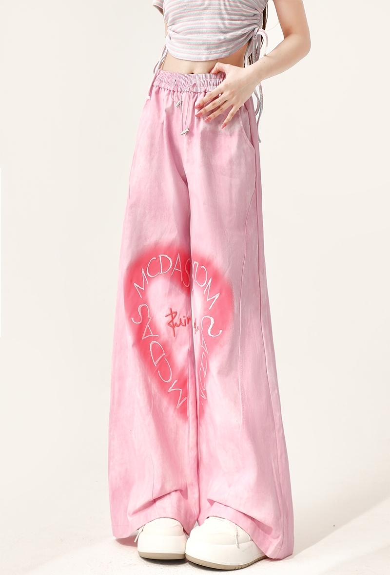 American Y2K Style Pink Love Heart Embroidered Straight Pants
