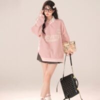 Kawaii College Style Pink V-neck Sweatshirt College Style kawaii