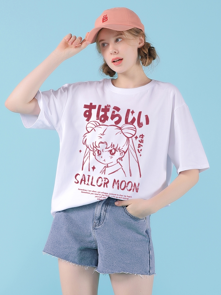 Kawaii japansk tecknad Sailor Moon T-shirt med graffititryck