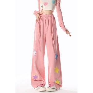 Pantalon droit rose imprimé étoiles, Style Simple, automne kawaii