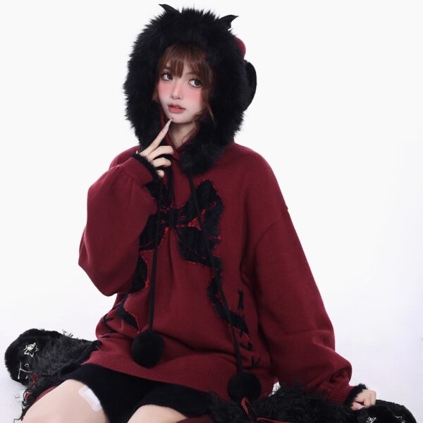 Süßer Pullover mit cooler Schleife und Stickerei Herbst-Kawaii