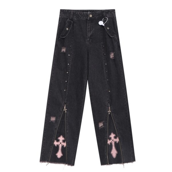 Jeans retos de cintura alta cinza escuro Sweet Cool Style Kawaii preto