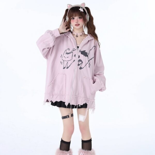Veste à capuche brodée de chaton de dessin animé de style girly doux automne kawaii