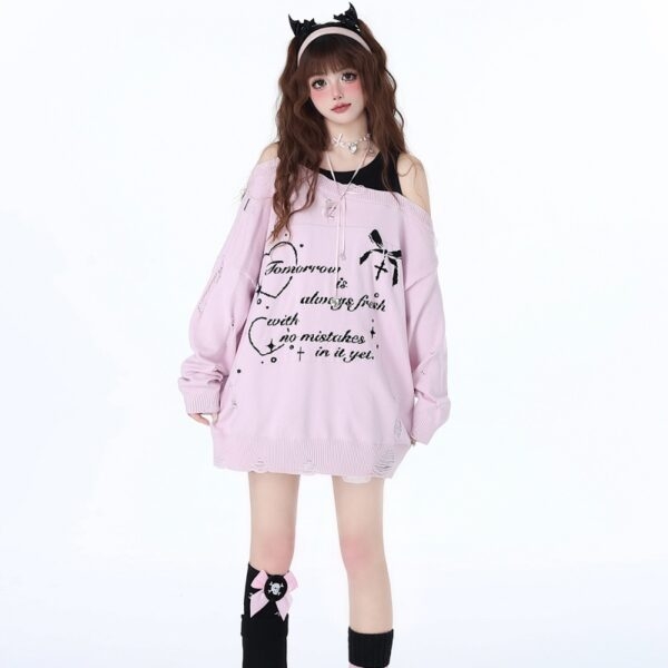 Sweet Girly Style falsk tvådelad off-shoulder tröja cool kawaii