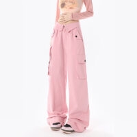 Zoete meisjesachtige roze overall met hoge taille herfst kawaii