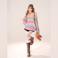 Sweet Girly Style Rainbow One-shoulder Sweater Knitted kawaii