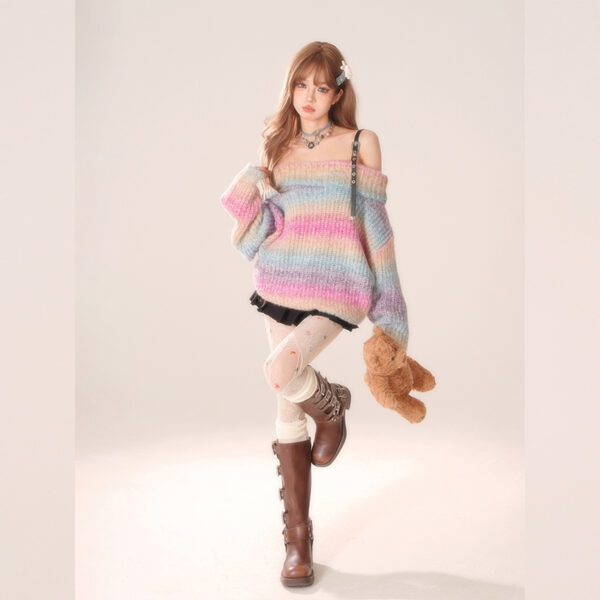 Süßer One-Shoulder-Pullover in Regenbogenfarben im Girly-Stil Gestricktes Kawaii