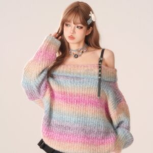 Suéter de un solo hombro estilo arcoíris dulce femenino tejido kawaii