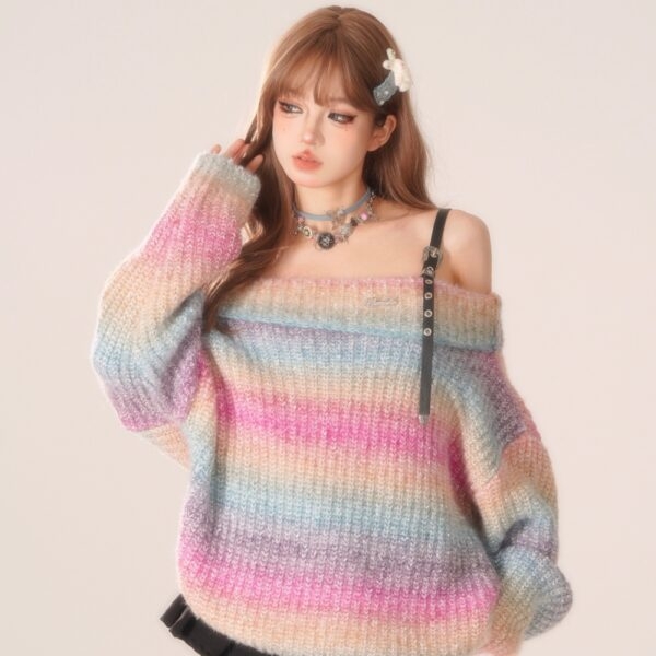 Pull arc-en-ciel à une épaule style girly doux Kawaii tricoté