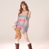 Sweet Girly Style Rainbow One-shoulder Sweater Knitted kawaii