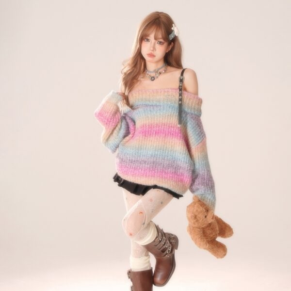 Sweet Girly Style Rainbow tröja med en axel Stickad kawaii