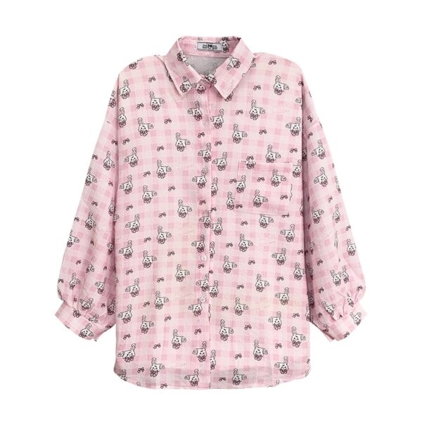 Słodka japońska różowa bluzka w kratę jesienne kawaii